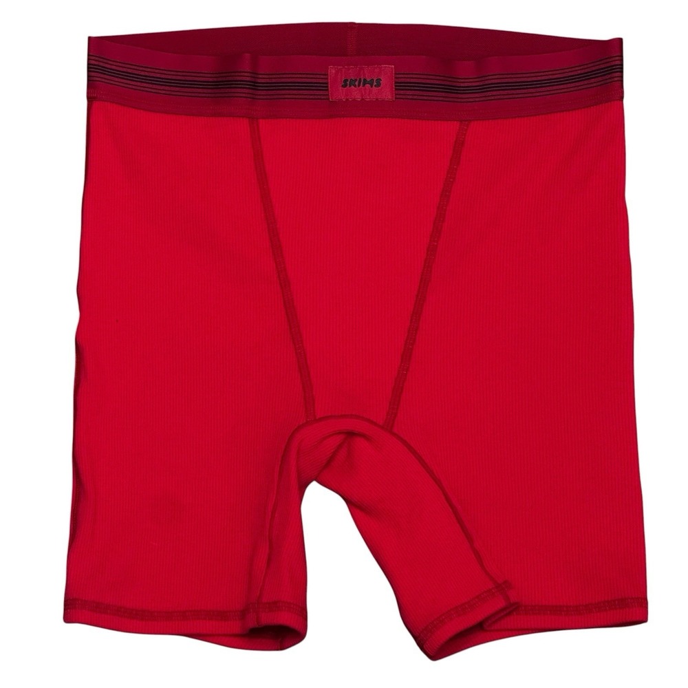 Skims Boxer Shorts Womens Small Red Ribbed‎ Knit Logo Lounge Stretch 5" Inseam